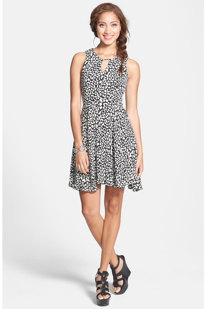 dee elle Print Keyhole Chiffon Skater Dress, Main, color, LEOPARD
