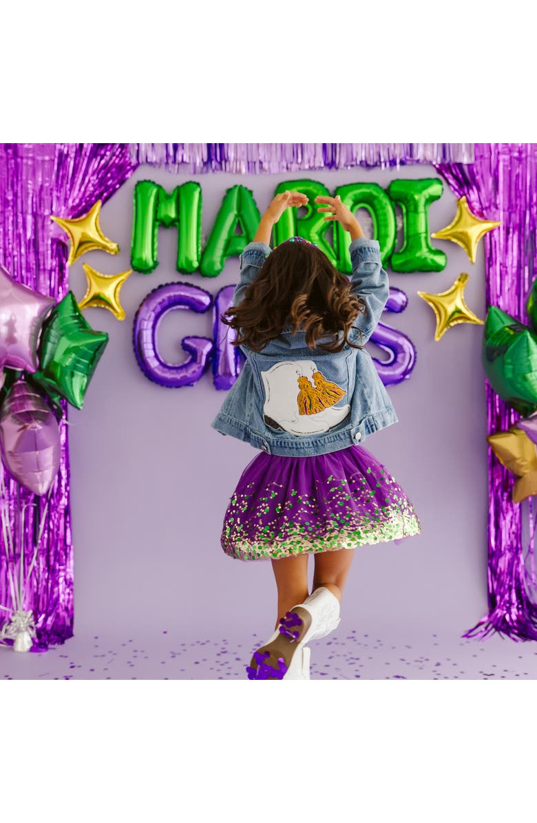 Sweet Wink Mardi Boots Sequin Patch Denim Jacket, Alternate, color, Denim