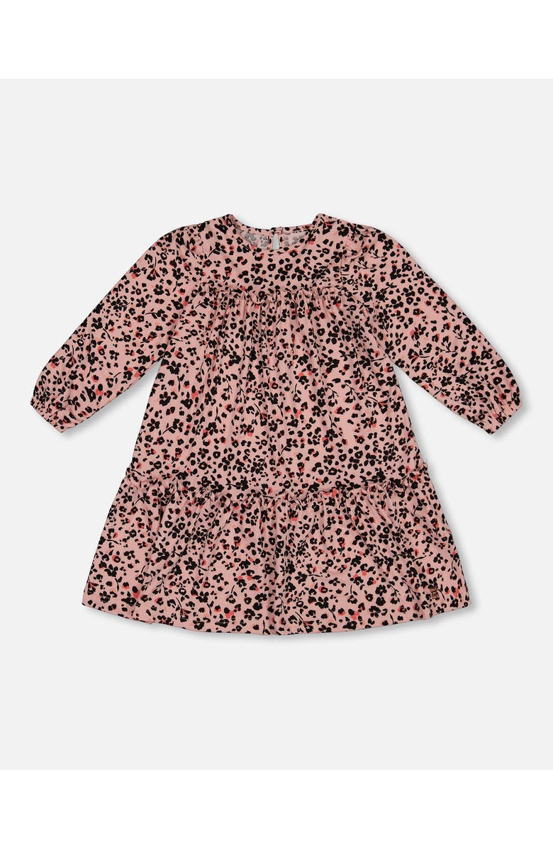 Deux par Deux Girl's Long Sleeve Dress With Frills Pink Printed Leopard Flowers, Main, color, 
