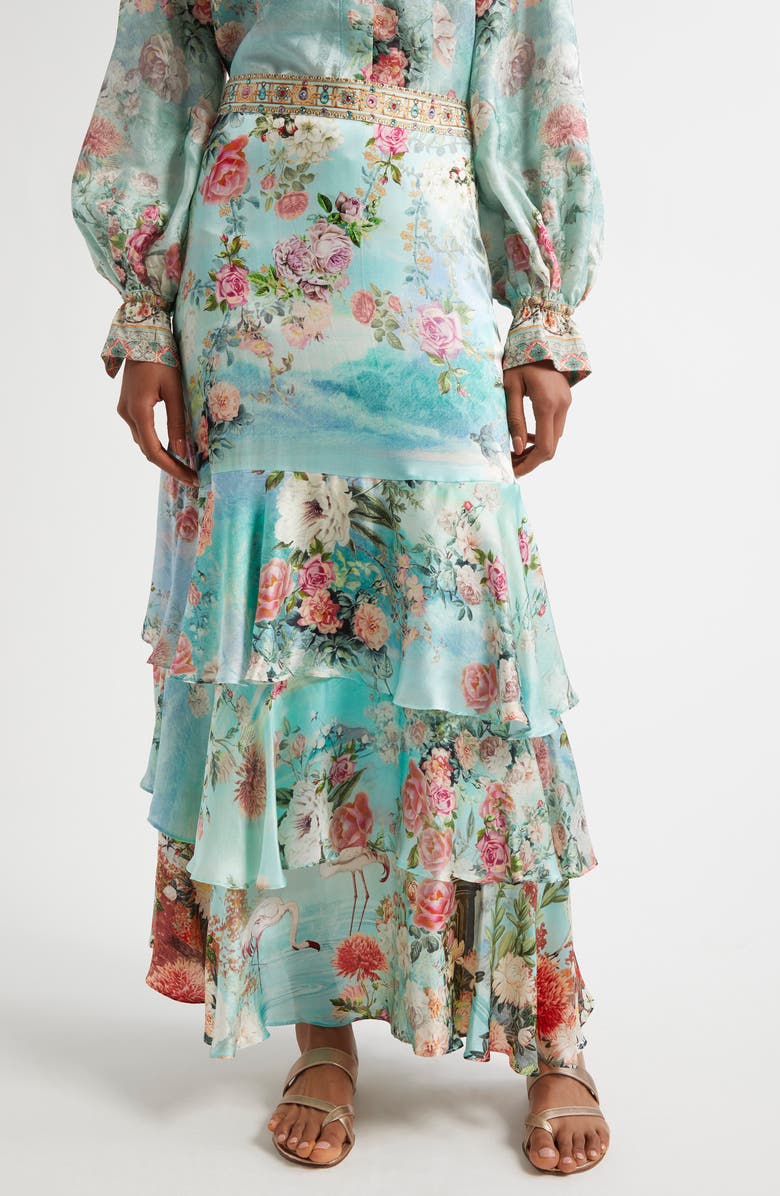 Camilla The Jewelry Museum Tiered Ruffle Silk Satin Maxi Skirt, Main, color, 