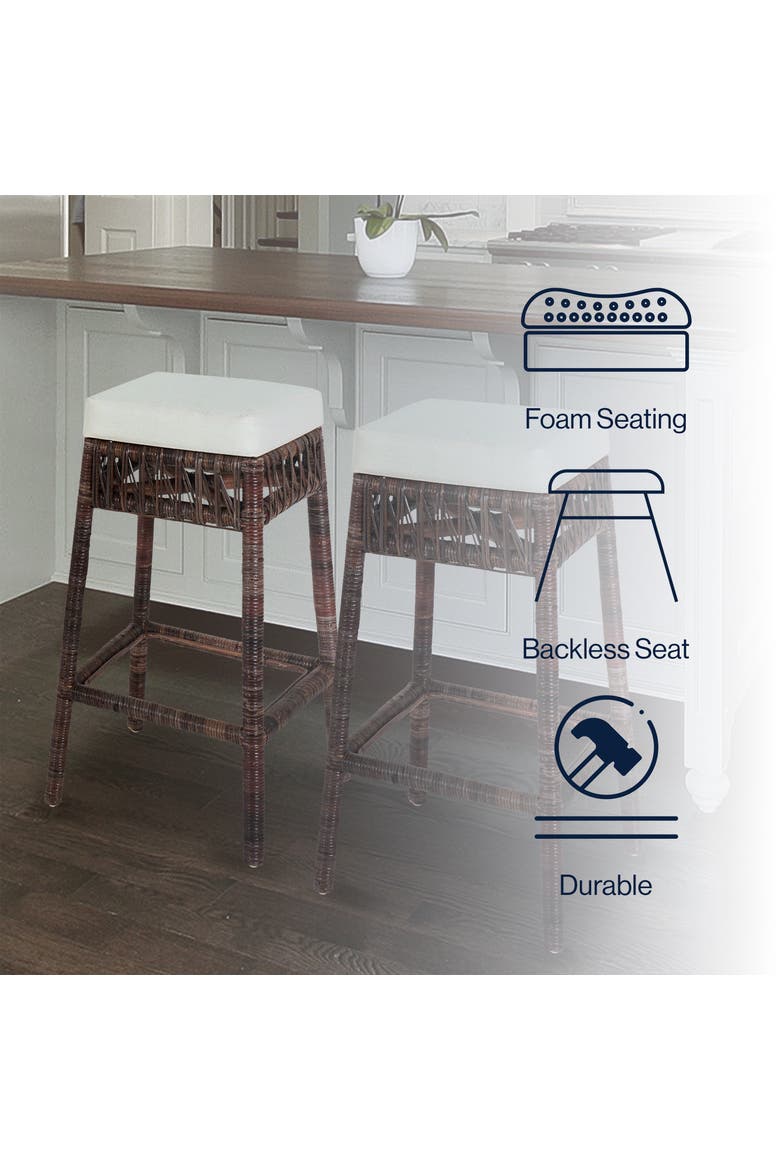 Bali Bohemian Woven Rattan Backless Counter Stool with Square Foam Cushion and Footrest for Kitchen Island or Home Bar, Alternate, color, Dark Brown (29.5" Bar Stool)