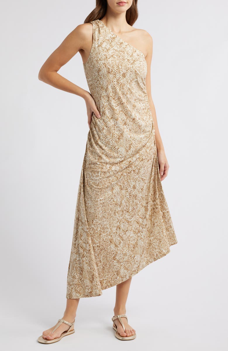 Tommy Bahama Playa Python Print Asymmetric One-Shoulder Midi Dress, Main, color, Travertine