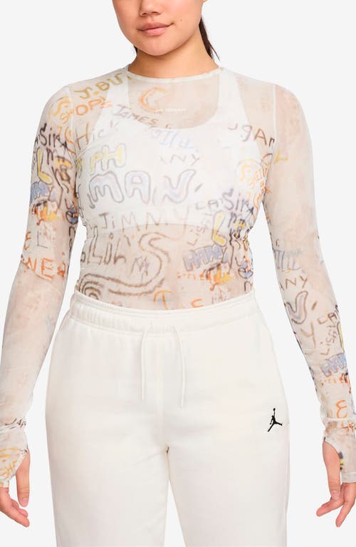 Jordan Print Sheer Long Sleeve Top In White