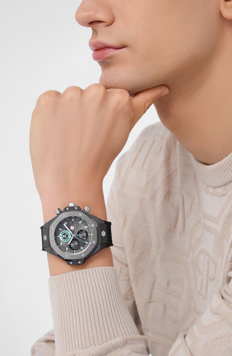 PHILIPP PLEIN Plein Royal Chronograph Silicone Strap Watch, 46mm, Alternate, color, Ip Gunmetal