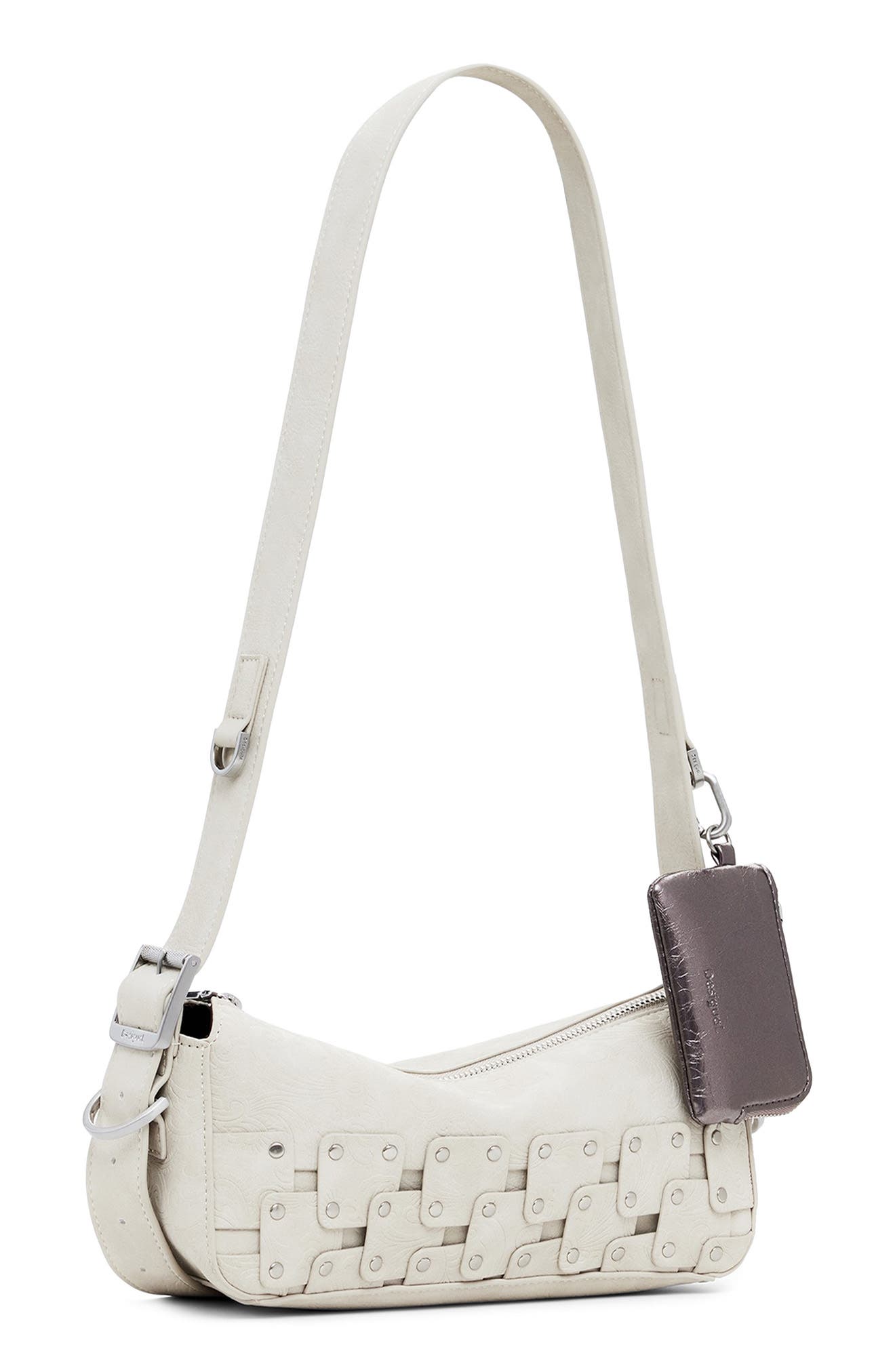 Desigual Studded Patchwork Faux Leather Crossbody Bag, Alternate, color, Light Gray