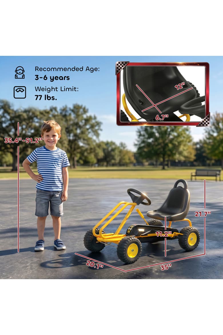 Kids 4-Wheel Pedal Go Kart, Adjustable Seat, Hand Brake, Outdoor Racer, Yellow, Alternate, color, Yellow