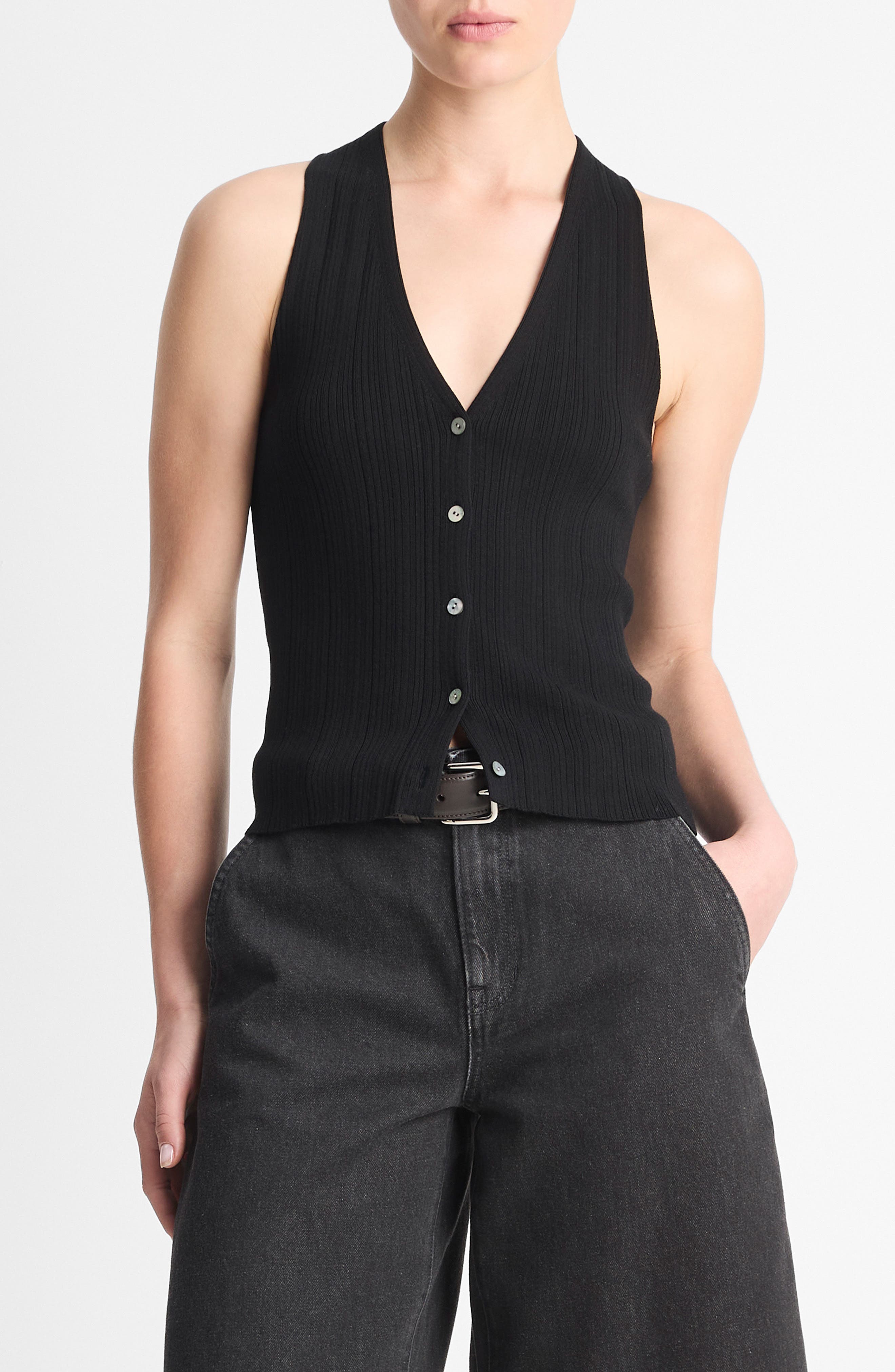 Vince Rib Button-Up Cotton Sweater Vest