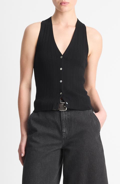 Rib Button-Up Cotton Sweater Vest