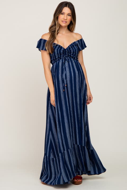 Striped Off Shoulder Front Tie Maxi Dress