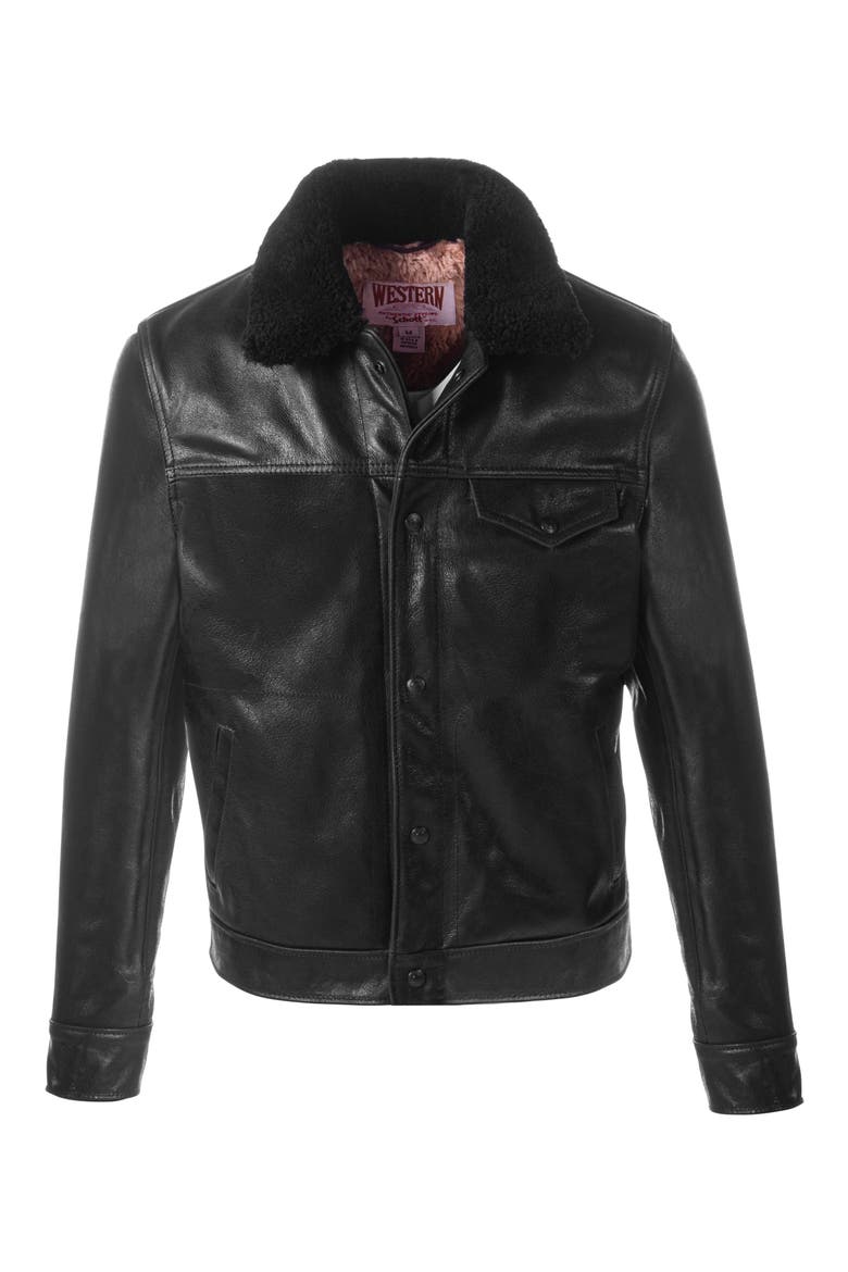 Leather Trucker Jacket with Genuine Sheepskin Collar, Main, color, BLACK