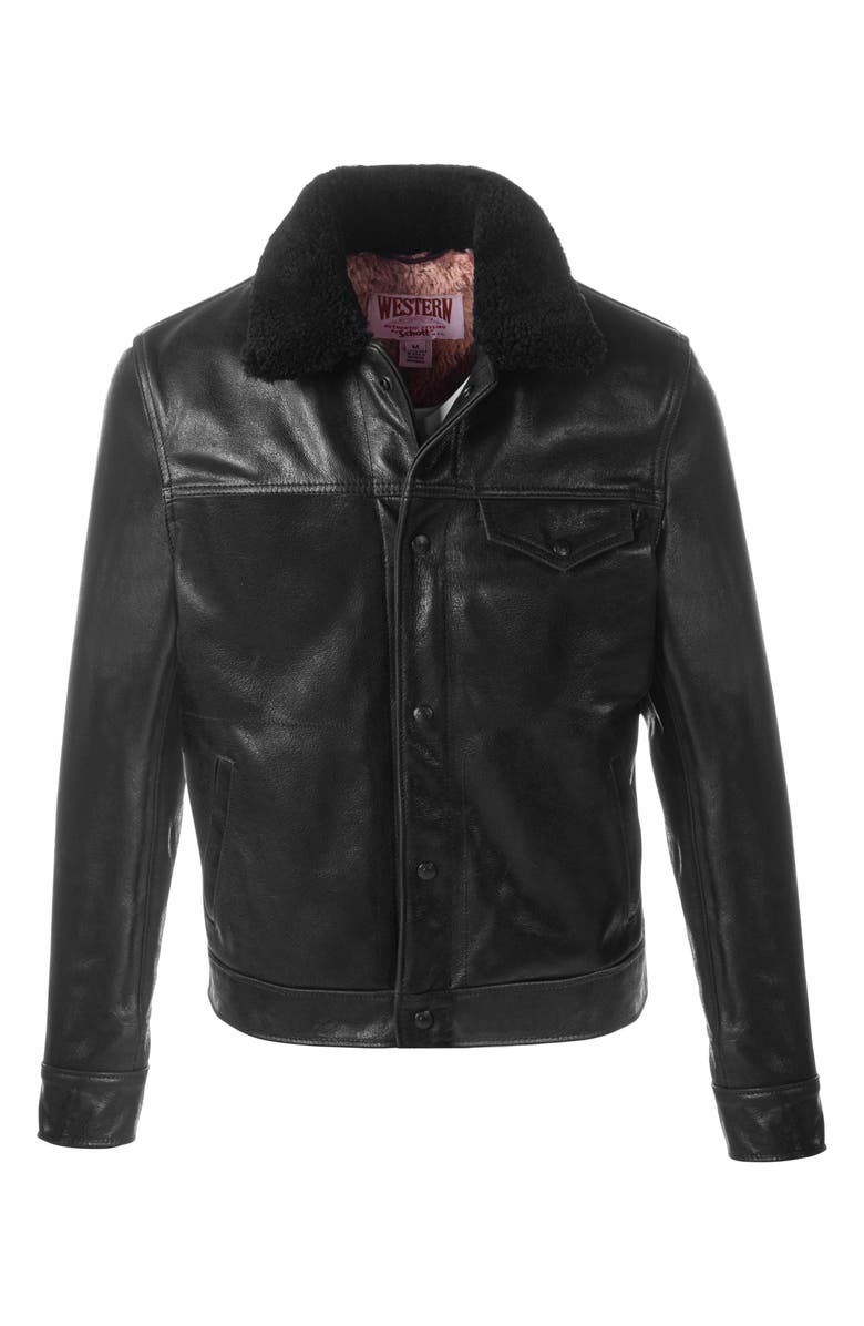Schott NYC Leather Trucker Jacket with Genuine Sheepskin Collar, Main, color,