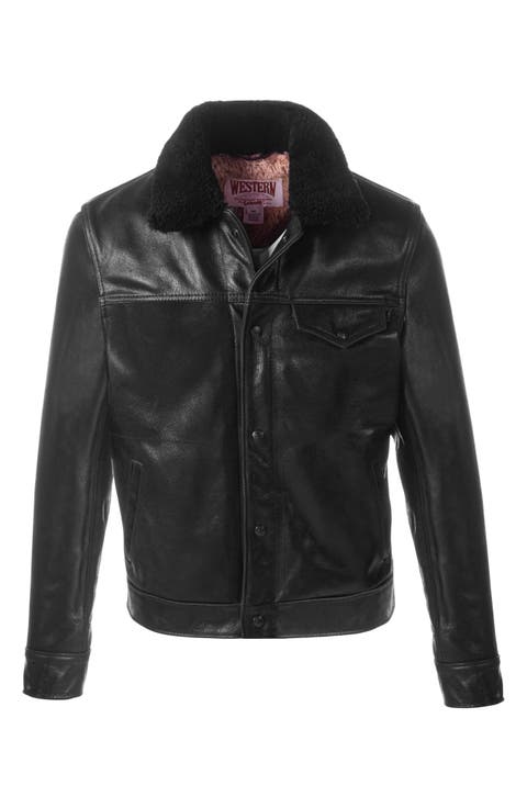 Leather Trucker Jacket with Genuine Sheepskin Collar