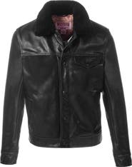 Schott NYC Leather Trucker Jacket with Genuine Sheepskin Collar