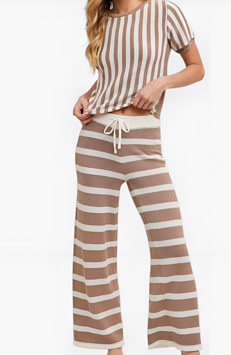 Modenaire Striped Short Sleeve Knit Top and Wide Leg Pants Lounge Set with Drawstring, Alternate, color, Beige / White Stripes
