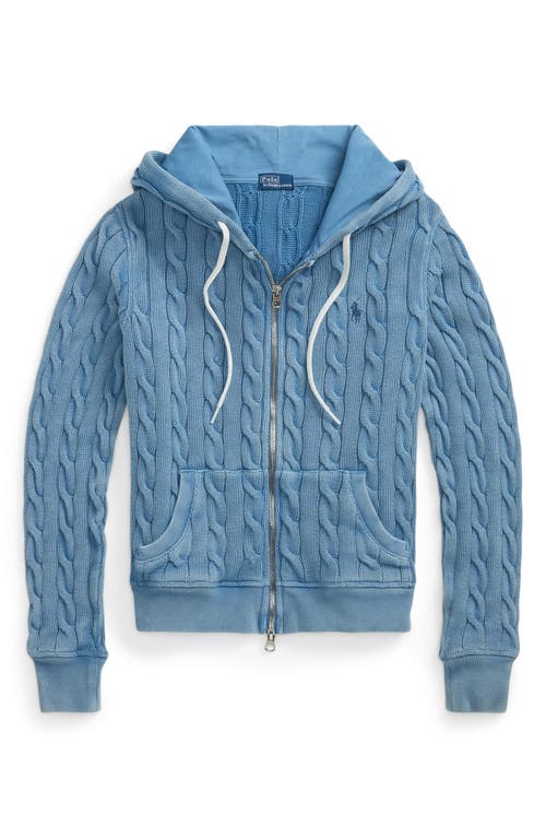 Shop Polo Ralph Lauren Cable Knit Cotton Full Zip Hoodie In Chambray Indigo