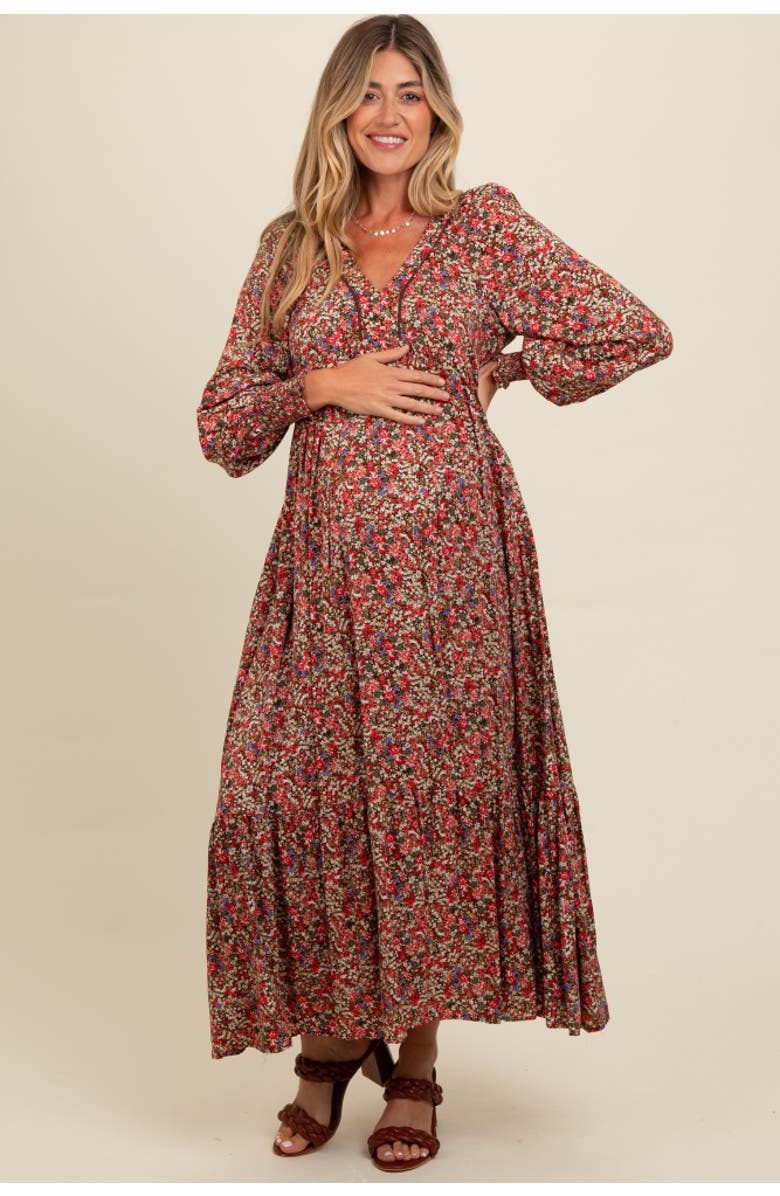 PinkBlush Floral V-Neck Bubble Sleeve Maxi Dress, Alternate, color, Mocha