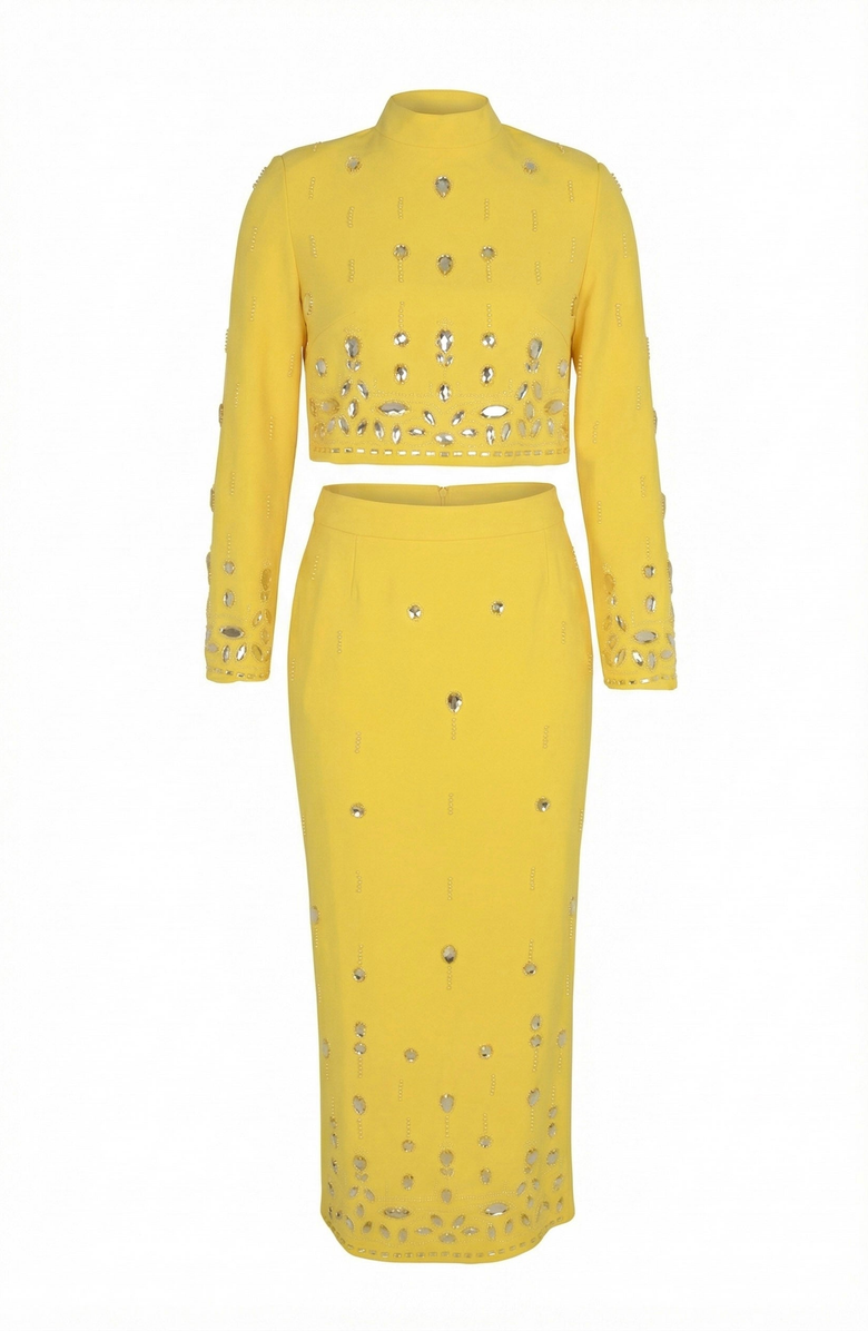Modenaire Embellished Crop Top and Midi Skirt Set, Alternate, color, Yellow