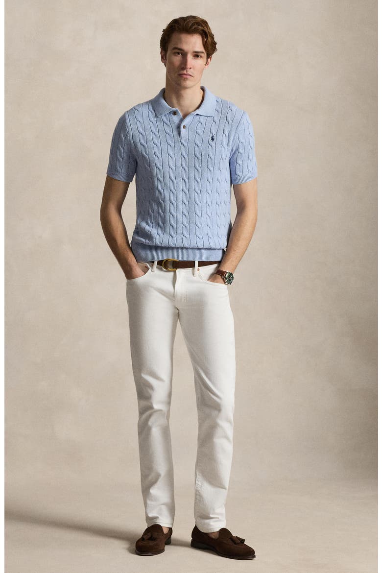 Cable-Knit Cotton Polo Sweater, Alternate, color, BLUE HYACINTH HTHR