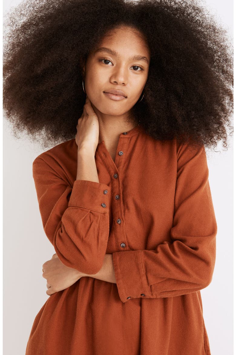Long Sleeve Button Placket Tiered Cotton Flannel Minidress, Alternate, color, WARM NUTMEG