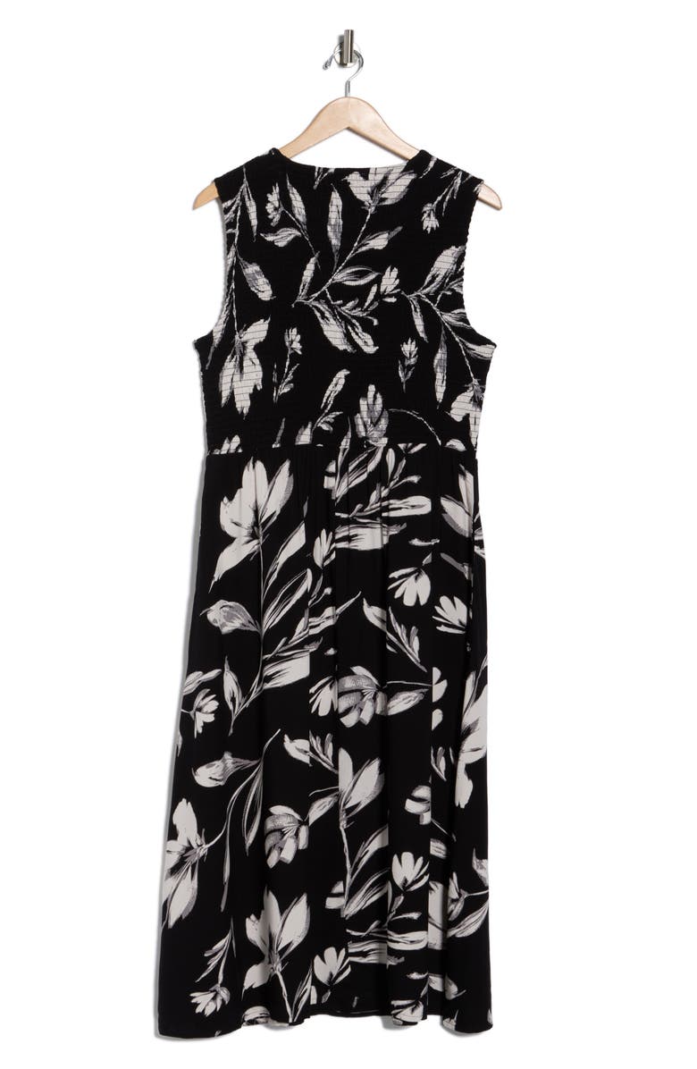 Calvin Klein Floral Smocked Midi Dress, Alternate, color, Black/ Cream