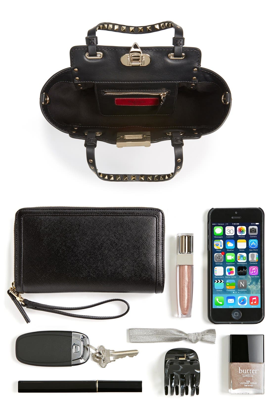 'Micro Mini Rockstud' Leather Tote, Alternate, color, BLACK