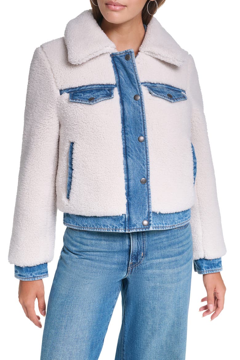 Faux Shearling Trucker Jacket, Main, color, IVORY/ MED WASH DENIM