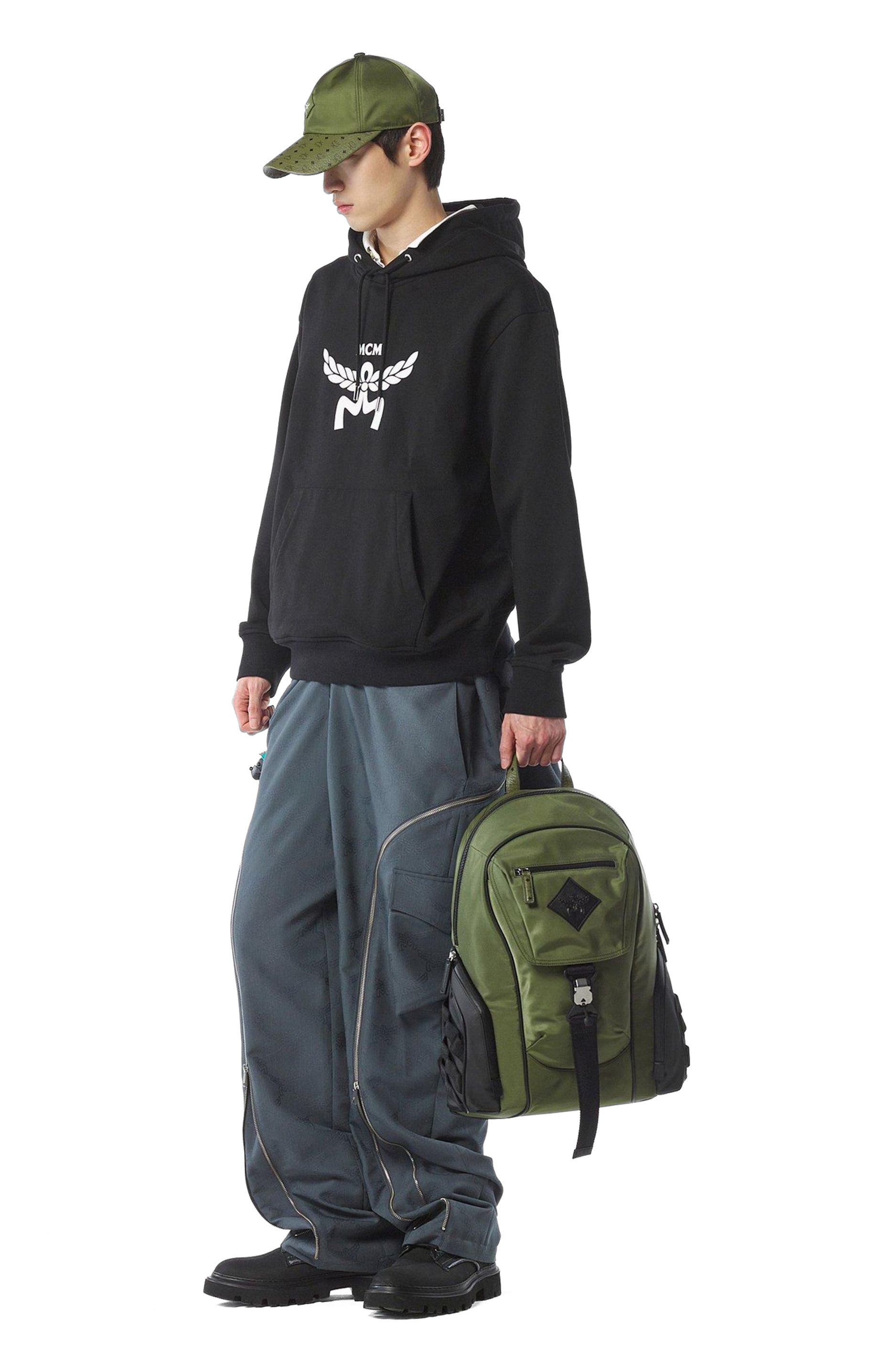 MCM Aren Backpack in ECONYLÂ<sup>®</sup> and Monogram Print Leather, Alternate, color, Khaki Moss