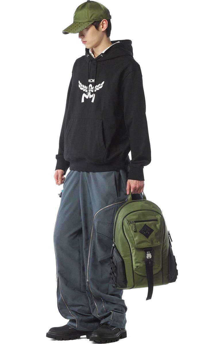 MCM Aren Backpack in ECONYLÂ<sup>®</sup> and Monogram Print Leather, Alternate, color, Khaki Moss