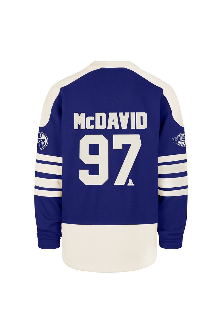 Men's '47 Connor McDavid Royal Edmonton Oilers Player Name & Number Sweep Check Eternal Lacer Sweatshirt, Alternate, color, Royal