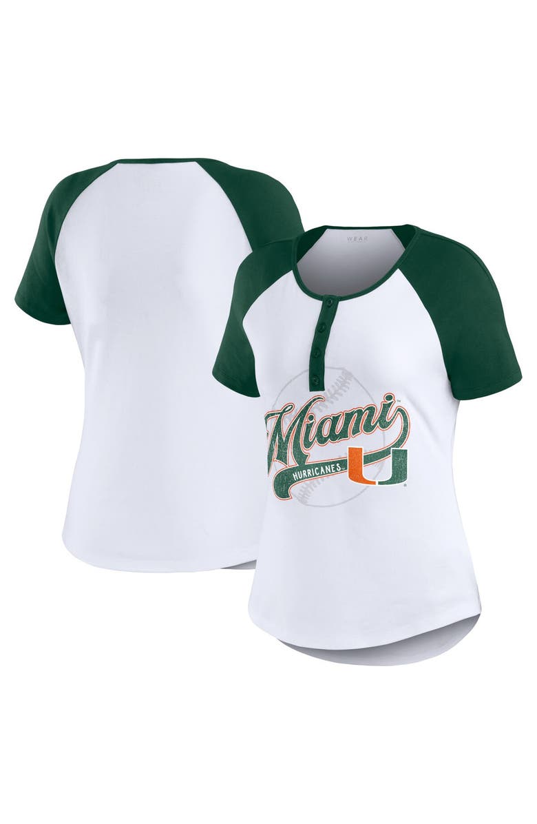 WEAR by Erin Andrews Women's WEAR by Erin Andrews White Miami Hurricanes Baseball Logo Raglan Henley T-Shirt, Main, color, White