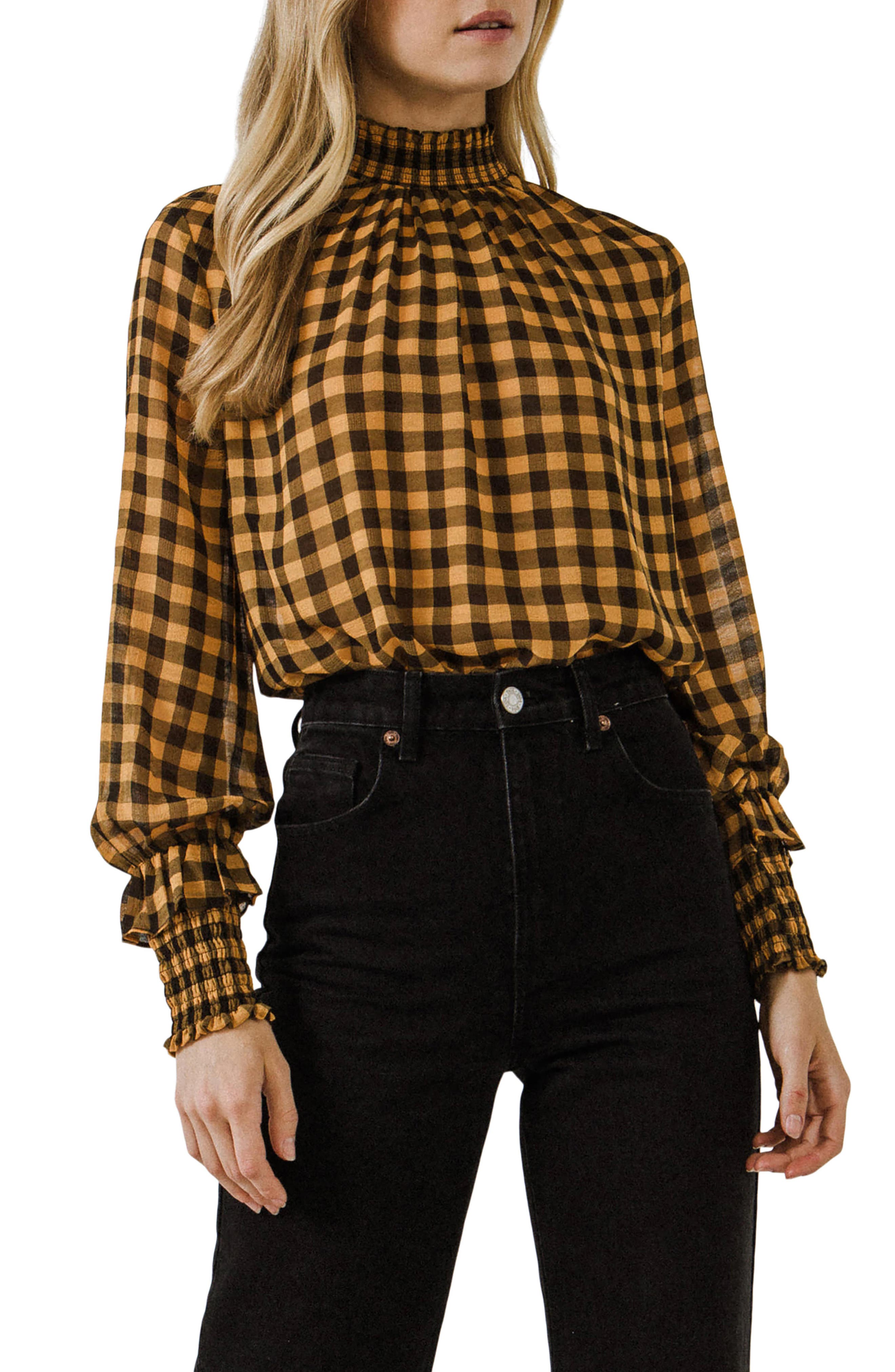 Checkered Mock Neck Long Sleeve Blouse