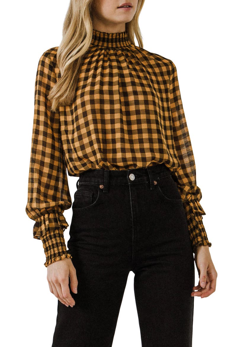 Checkered Mock Neck Long Sleeve Blouse, Main, color, YELLOW/ BLACK