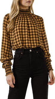 English Factory Checkered Mock Neck Long Sleeve Blouse