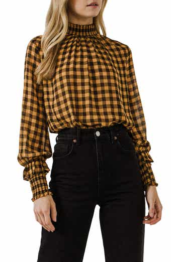 Checkered Mock Neck Long Sleeve Blouse