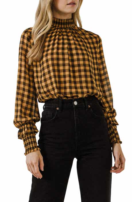 Checkered Mock Neck Long Sleeve Blouse
