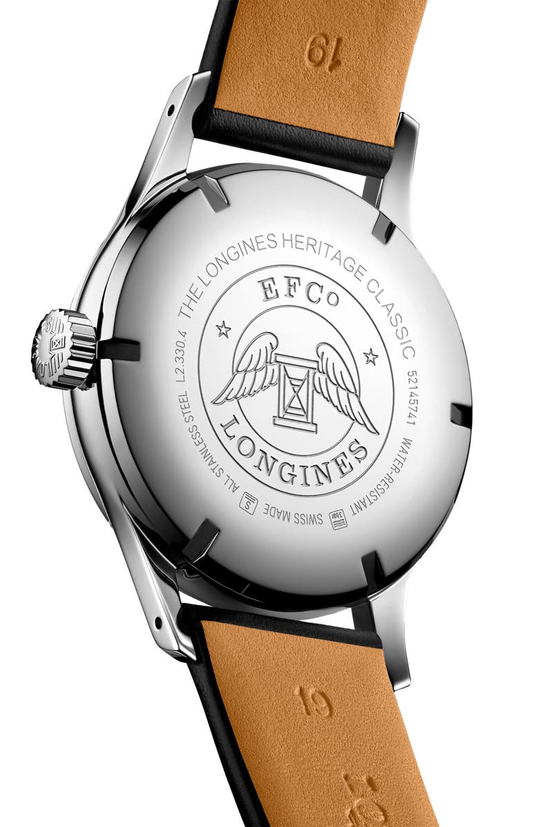 Longines Heritage Classic Automatic Leather Strap Watch, 38.5mm, Alternate, color, Silver/ Black