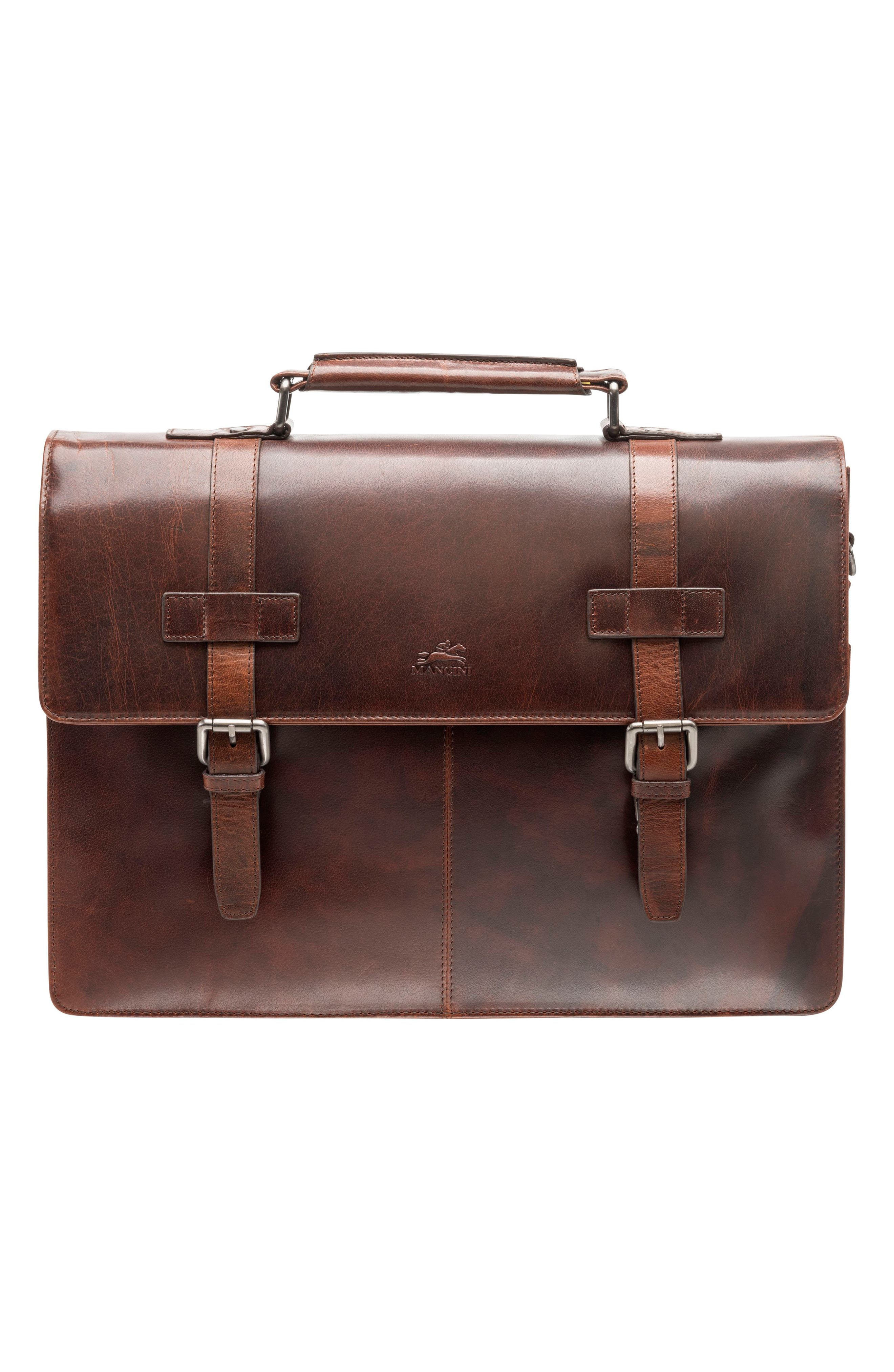 Mancini Double Compartment Flap Leather Briefcase, Alternate, color, Brown