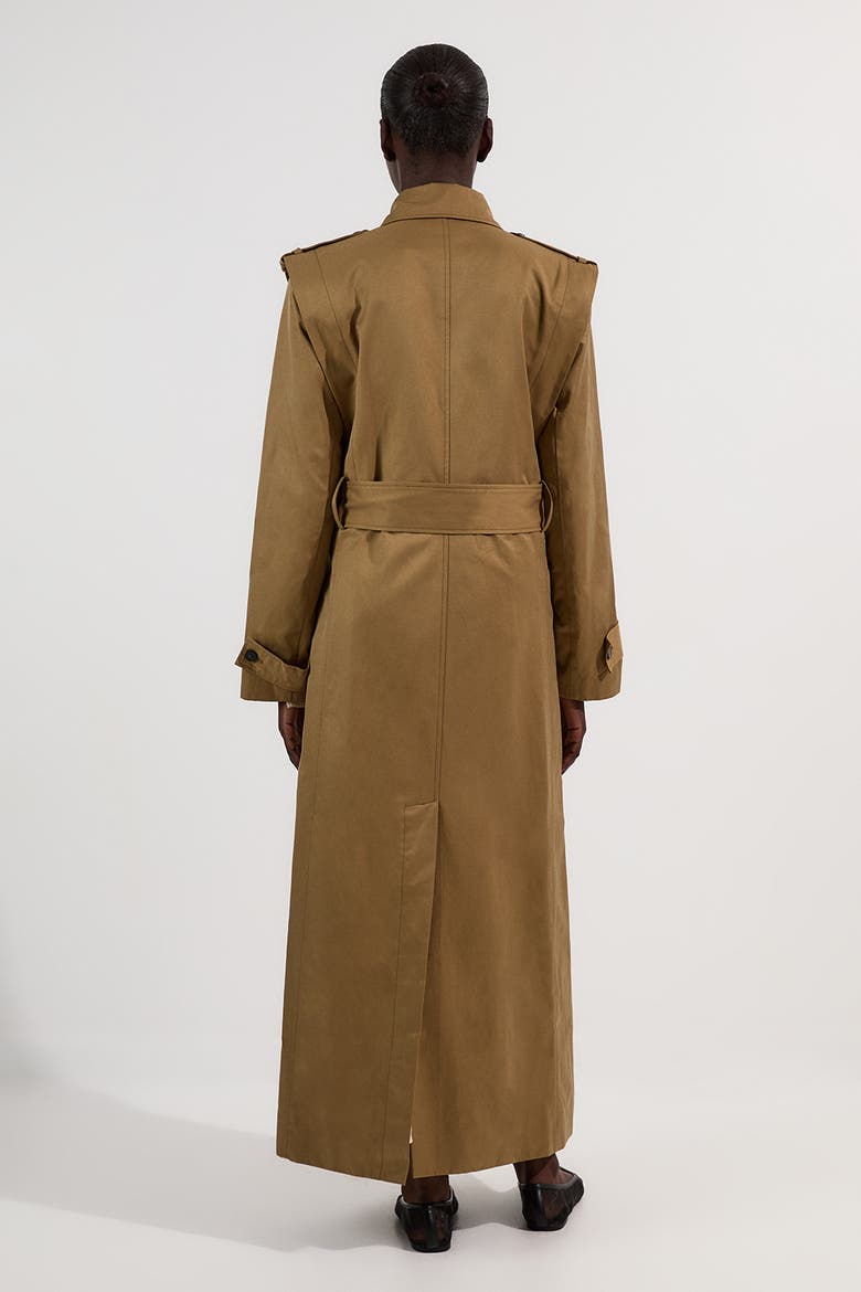 Strong Shoulder Belted Maxi Trench Coat, Alternate, color, Olive