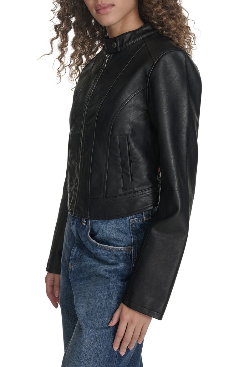 Faux Leather Racer Jacket, Alternate, color, BLACK