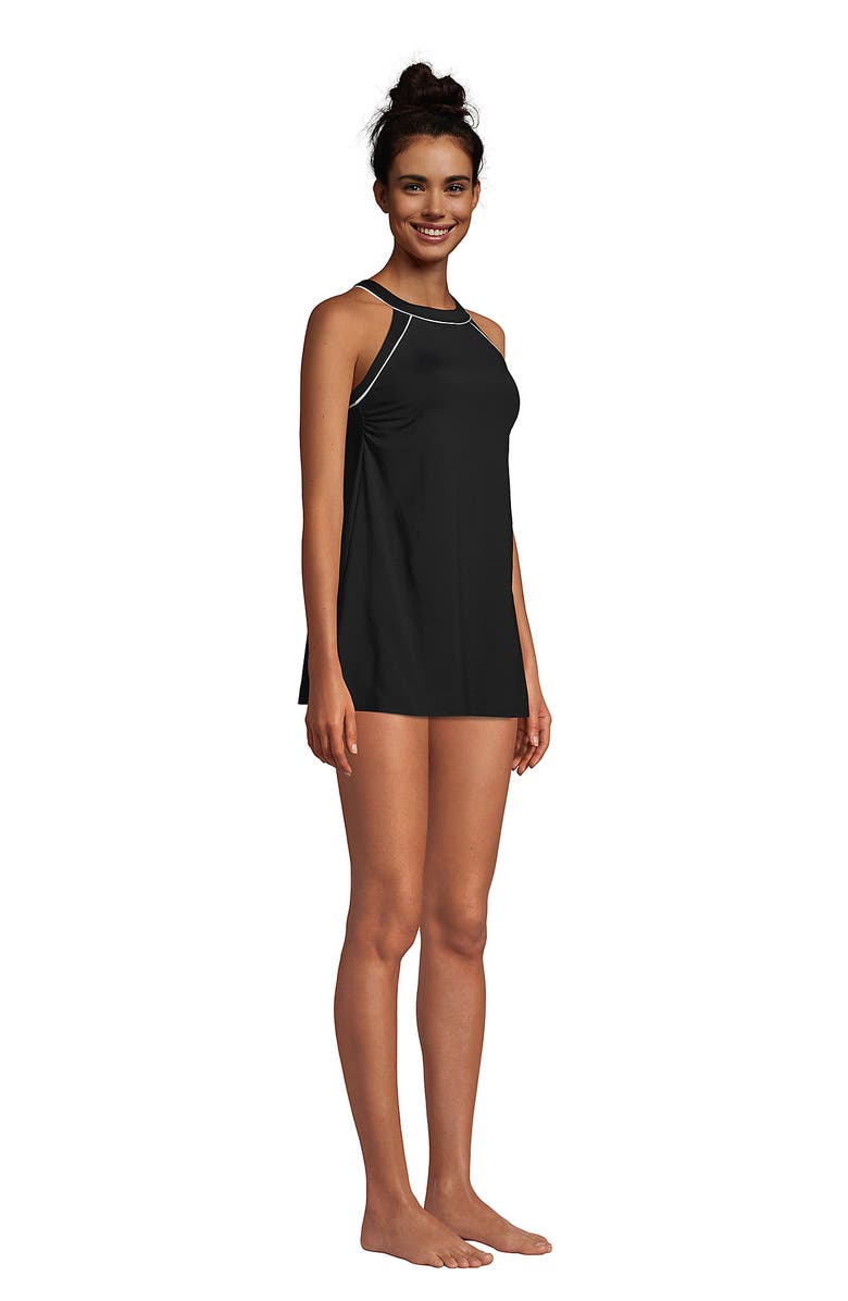 Lands' End Mastectomy Chlorine Resistant High Neck Swim Dress One Piece Swimsuit Adjustable Straps, Alternate, color, Black/White