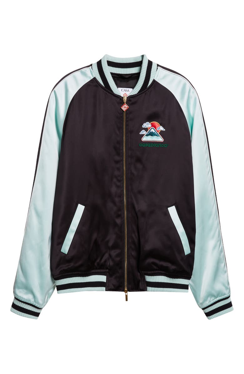 Casablanca Embroidered Satin Bomber Jacket, Alternate, color, Black