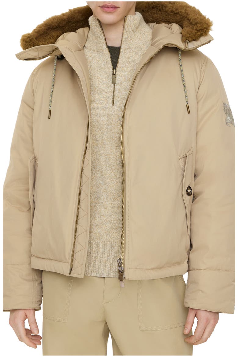 Shearling Trim Gabardine Hooded Jacket, Main, color, Hamper beige