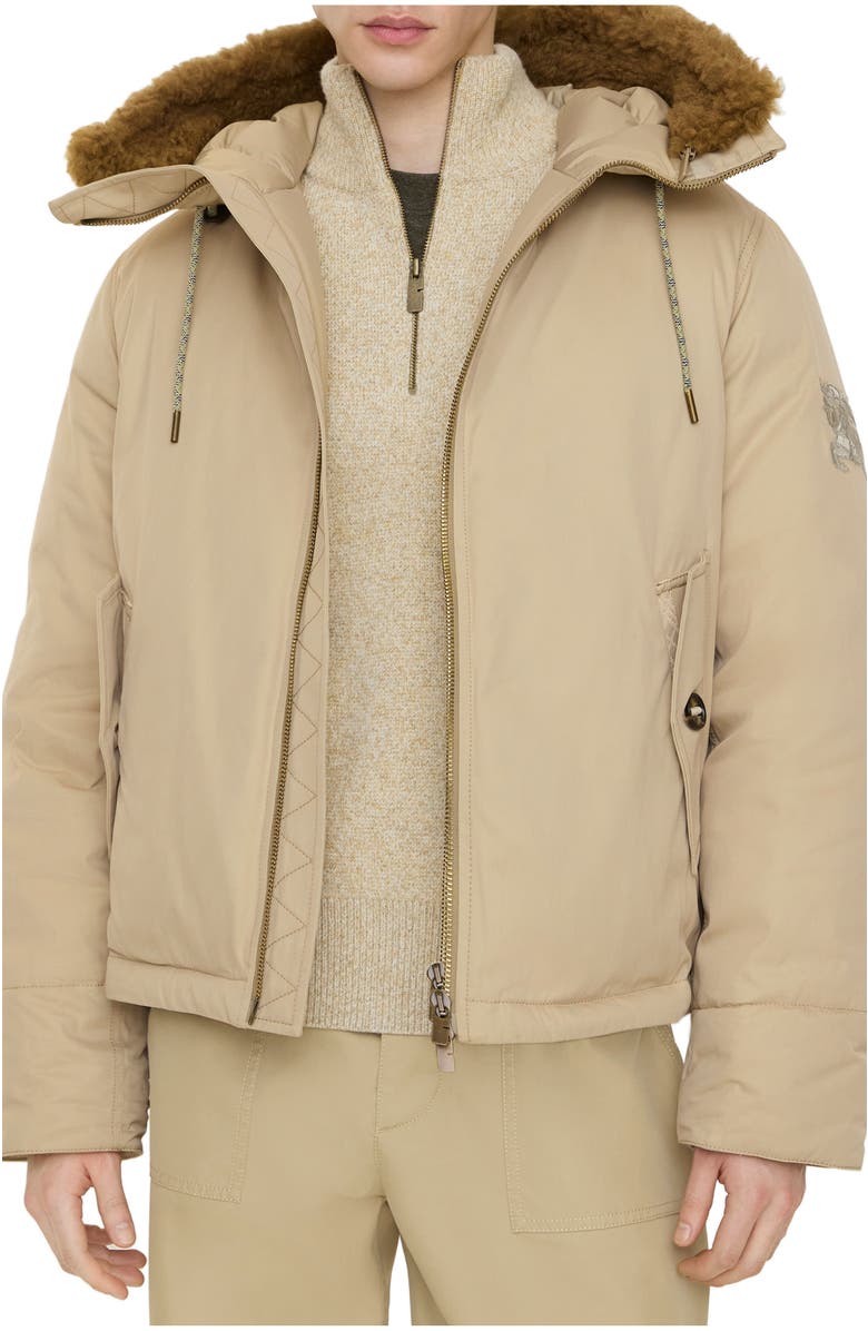 Burberry Shearling Trim Gabardine Hooded Jacket, Main, color, Hamper Beige