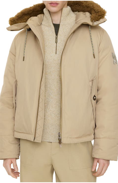 Shearling Trim Gabardine Hooded Jacket