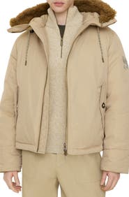 Burberry Shearling Trim Gabardine Hooded Jacket