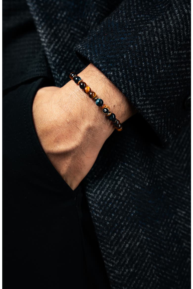 Men's Evil Eye Beaded Stretch Bracelet, Alternate, color, TIGER EYE