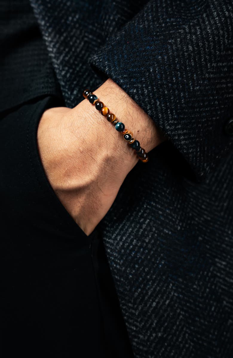 Caputo & Co. Men's Evil Eye Beaded Stretch Bracelet, Alternate, color, Tiger Eye