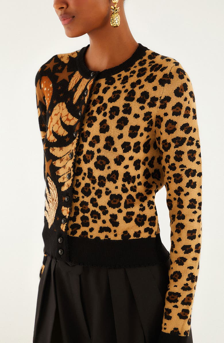 FARM Rio Banana Leopard Mix Print Jacquard Cardigan, Alternate, color, Banana Sky Black