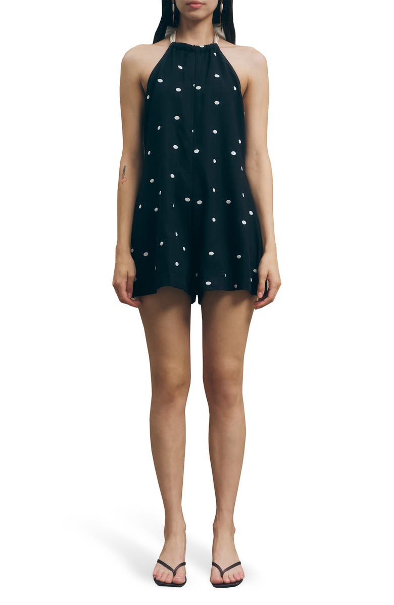 MAUDE CLUB Nica Polka Dot Romper, Main, color, Black Sand