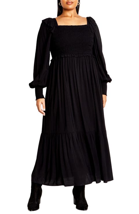 Sadie Smocked Bodice Long Sleeve Maxi Dress (Plus)